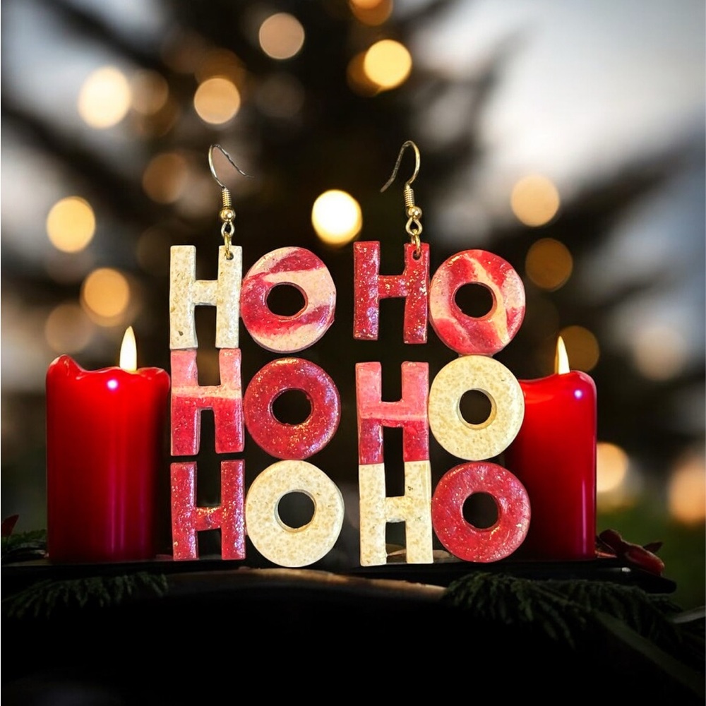 Perfectly imperfect by Heather. Festive Red and Gold 'Ho Ho Ho' Holiday Earrings